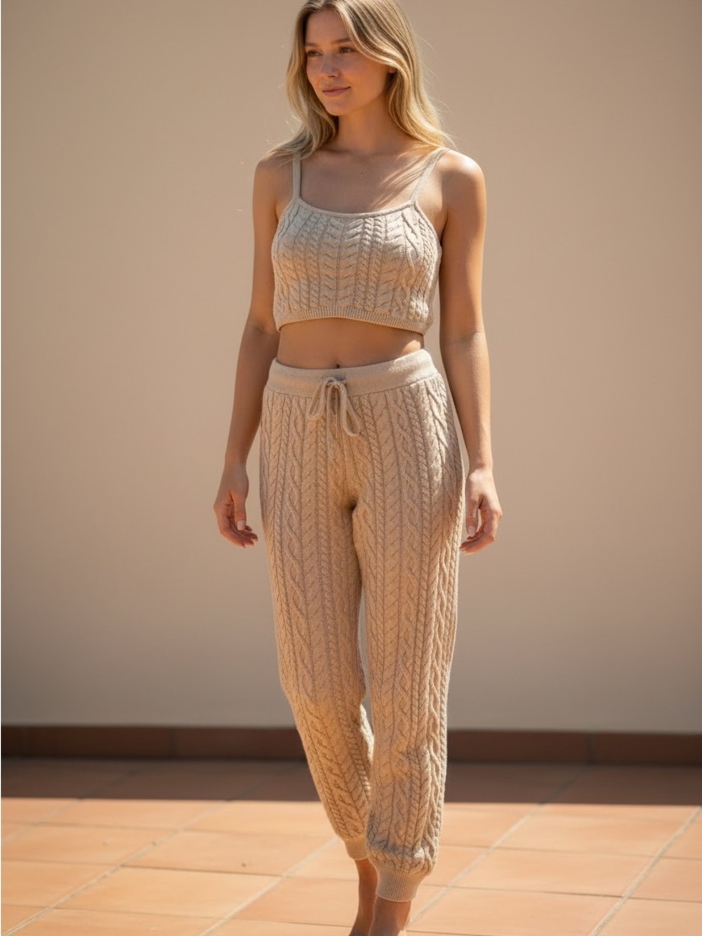 Reformation Beige Cable-Knit Crop top and Jogger set Size L NWT
